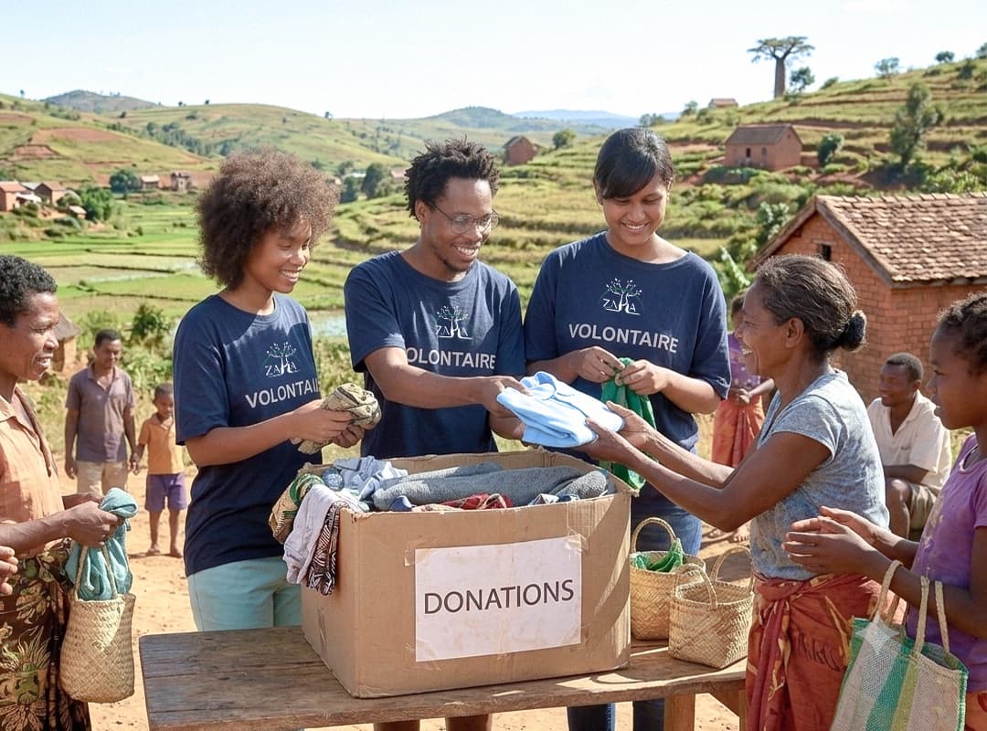 ZAHA volunteers distributing clothing to Malagasy families in the field
